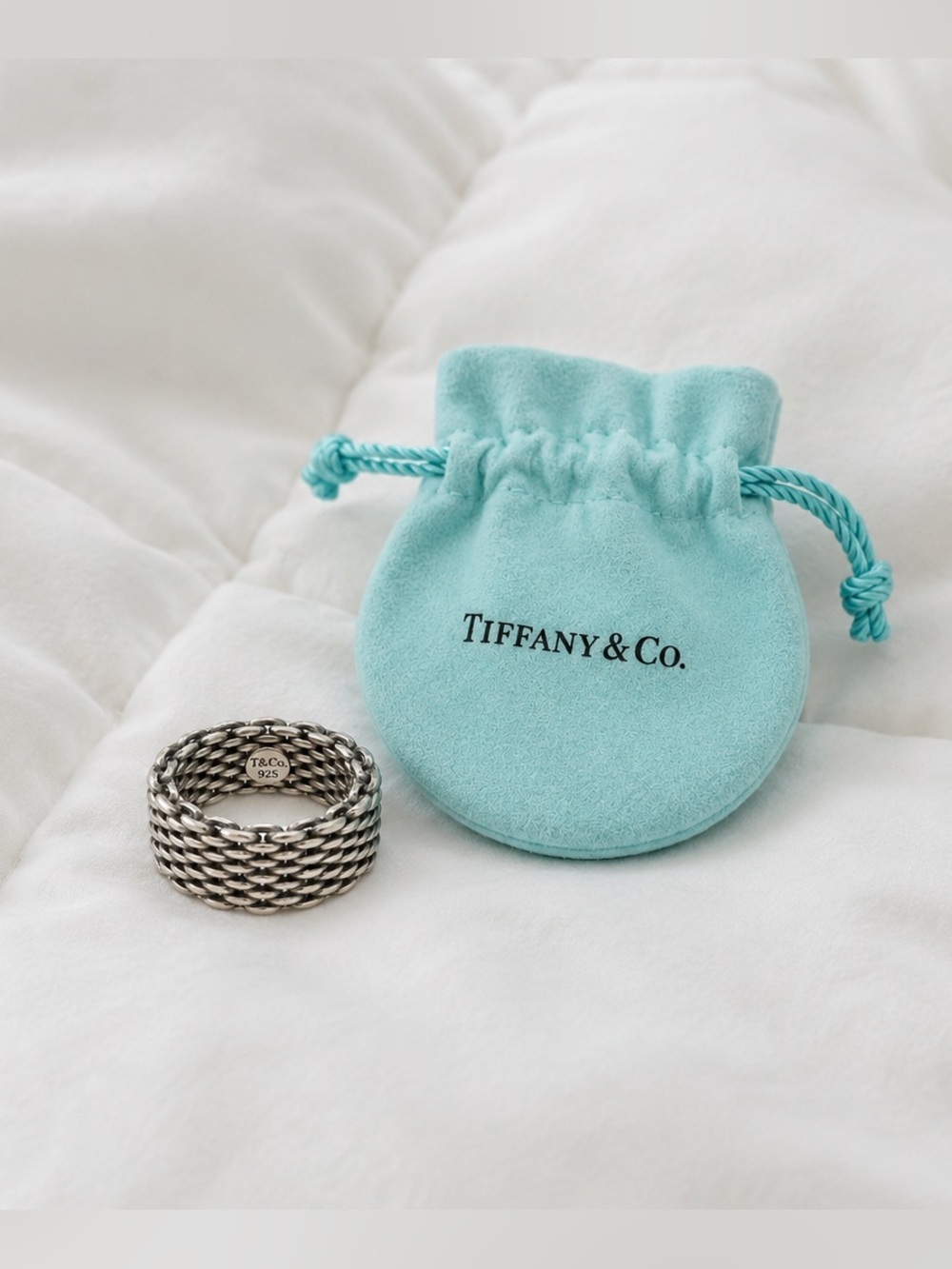 Tiffany & Co. Sterling Silver Woven Mesh Band with Blue Pouch